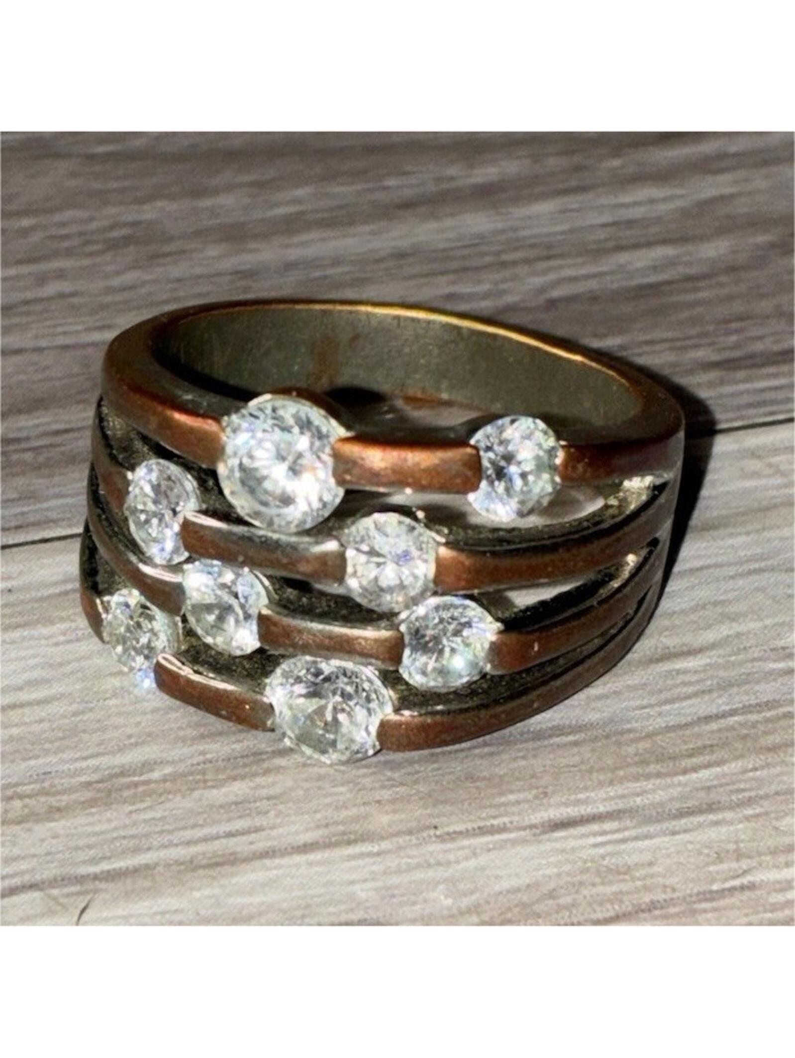 Gold Band Ring With 9 Round Stones Metal MultiBand Style
